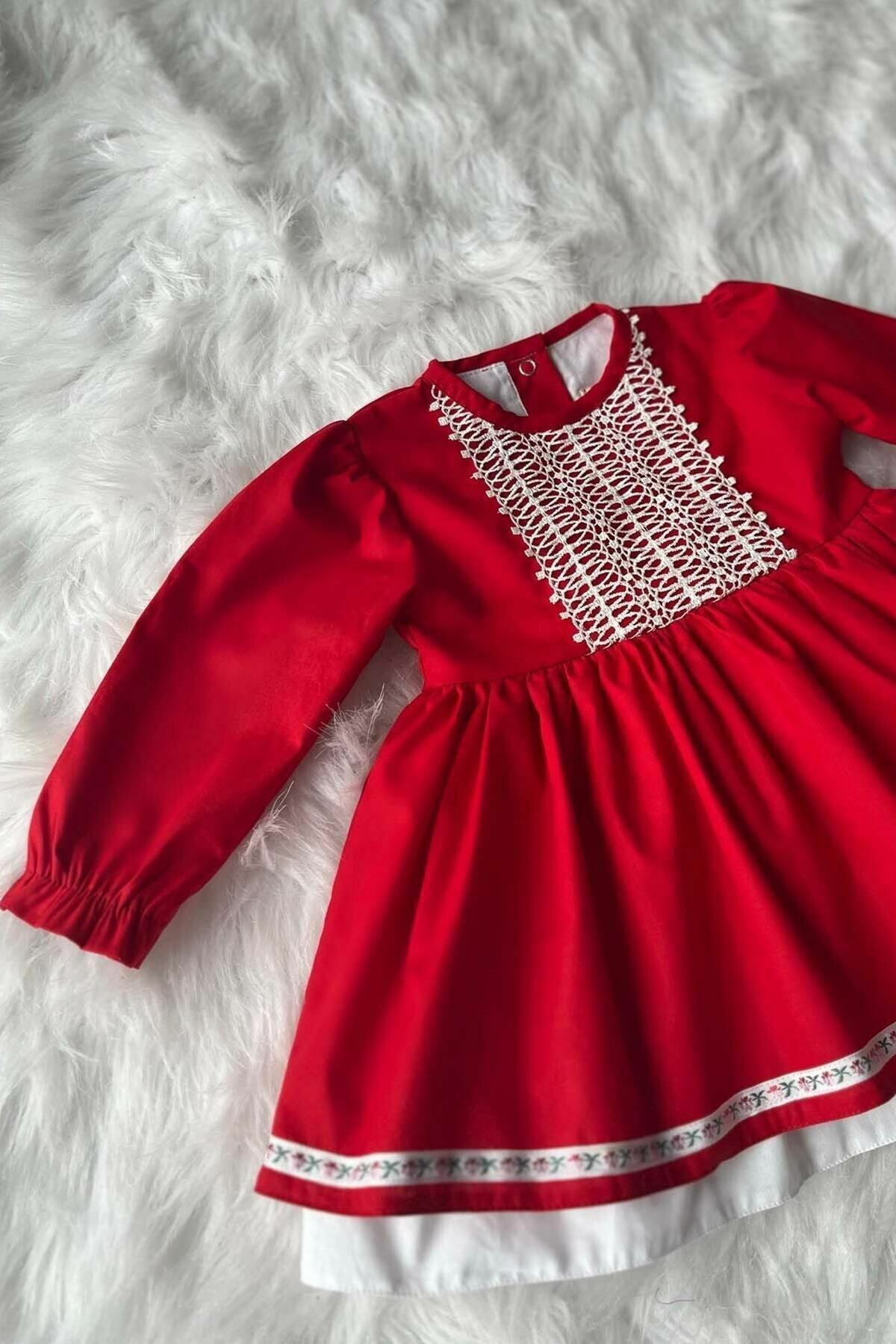 Dantel Ve Kurdele Detaylı Kırmızı Kız Çocuk Bebek Bayramlık Elbise