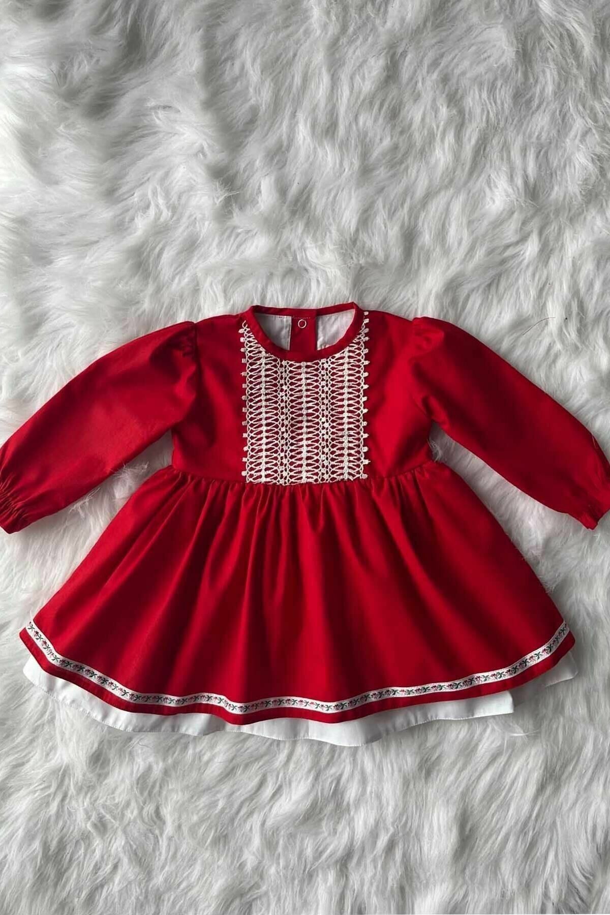 Dantel Ve Kurdele Detaylı Kırmızı Kız Çocuk Bebek Bayramlık Elbise