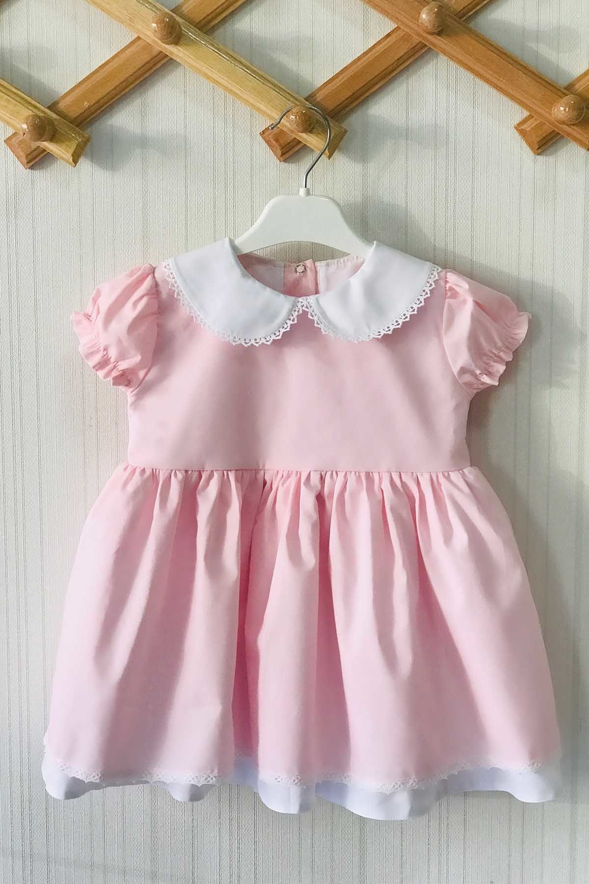 Dantel Detaylı Bebe Yaka Açık Pembe Kız Çocuk Bebek Tasarım Elbise