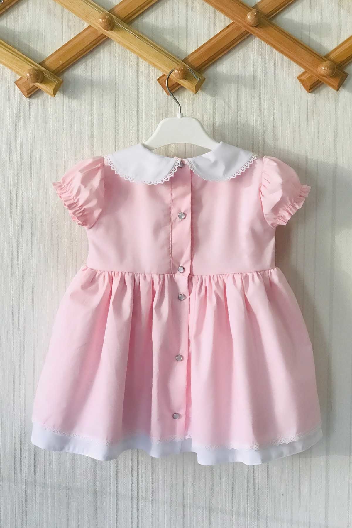 Dantel Detaylı Bebe Yaka Açık Pembe Kız Çocuk Bebek Tasarım Elbise