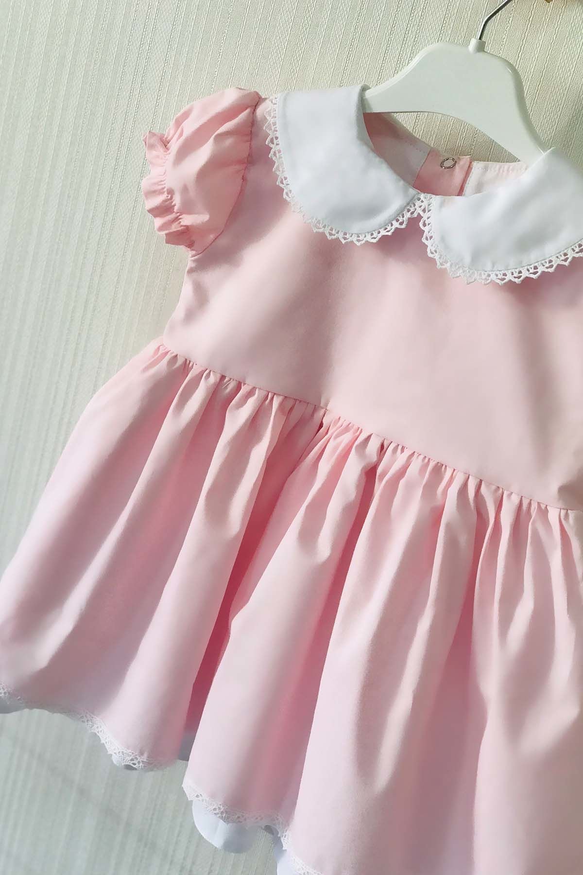 Dantel Detaylı Bebe Yaka Açık Pembe Kız Çocuk Bebek Tasarım Elbise