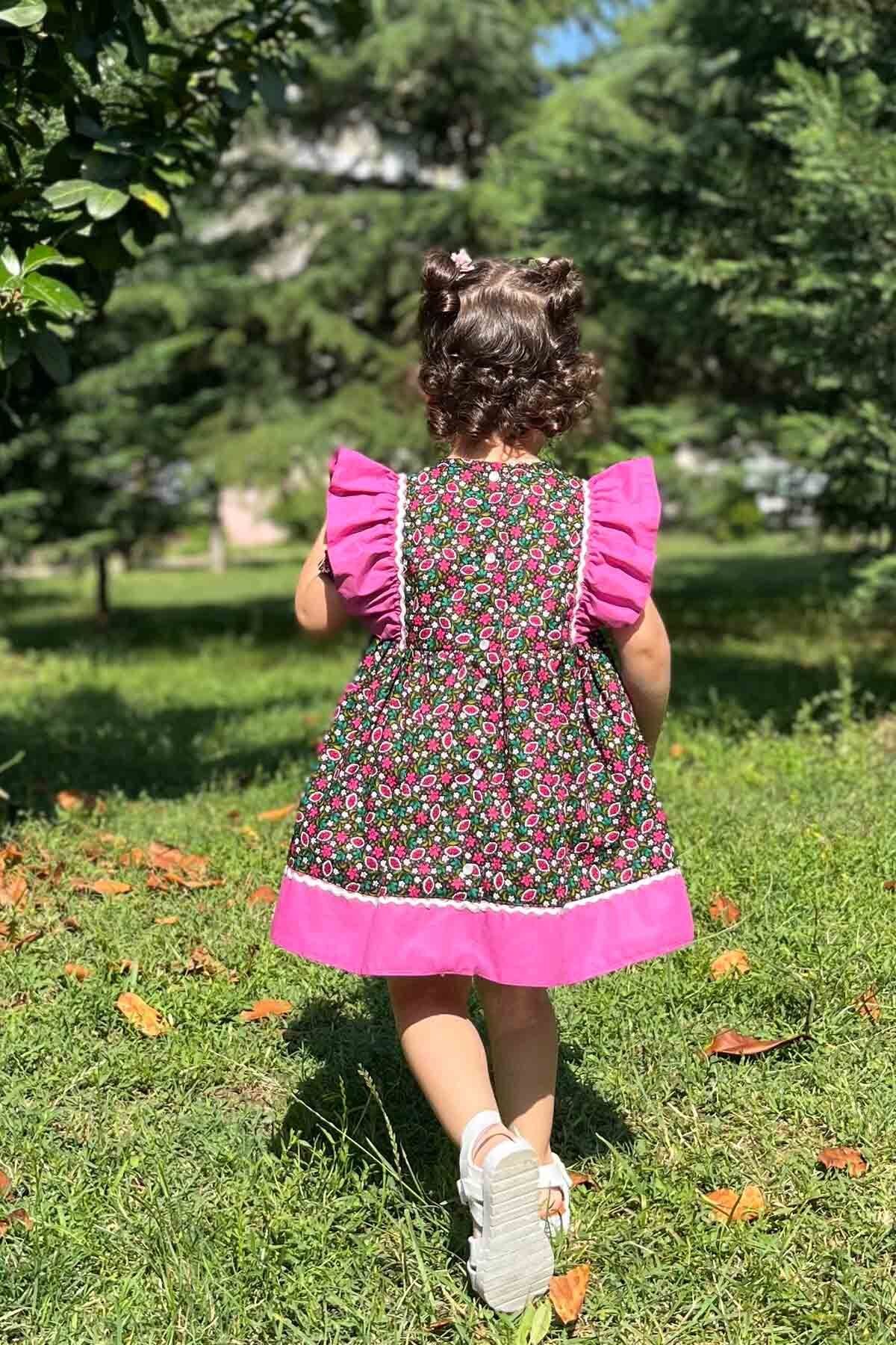 Su Taşı Detaylı Fırfırlı Çiçekli Poplin Kız Çocuk Bebek Elbise