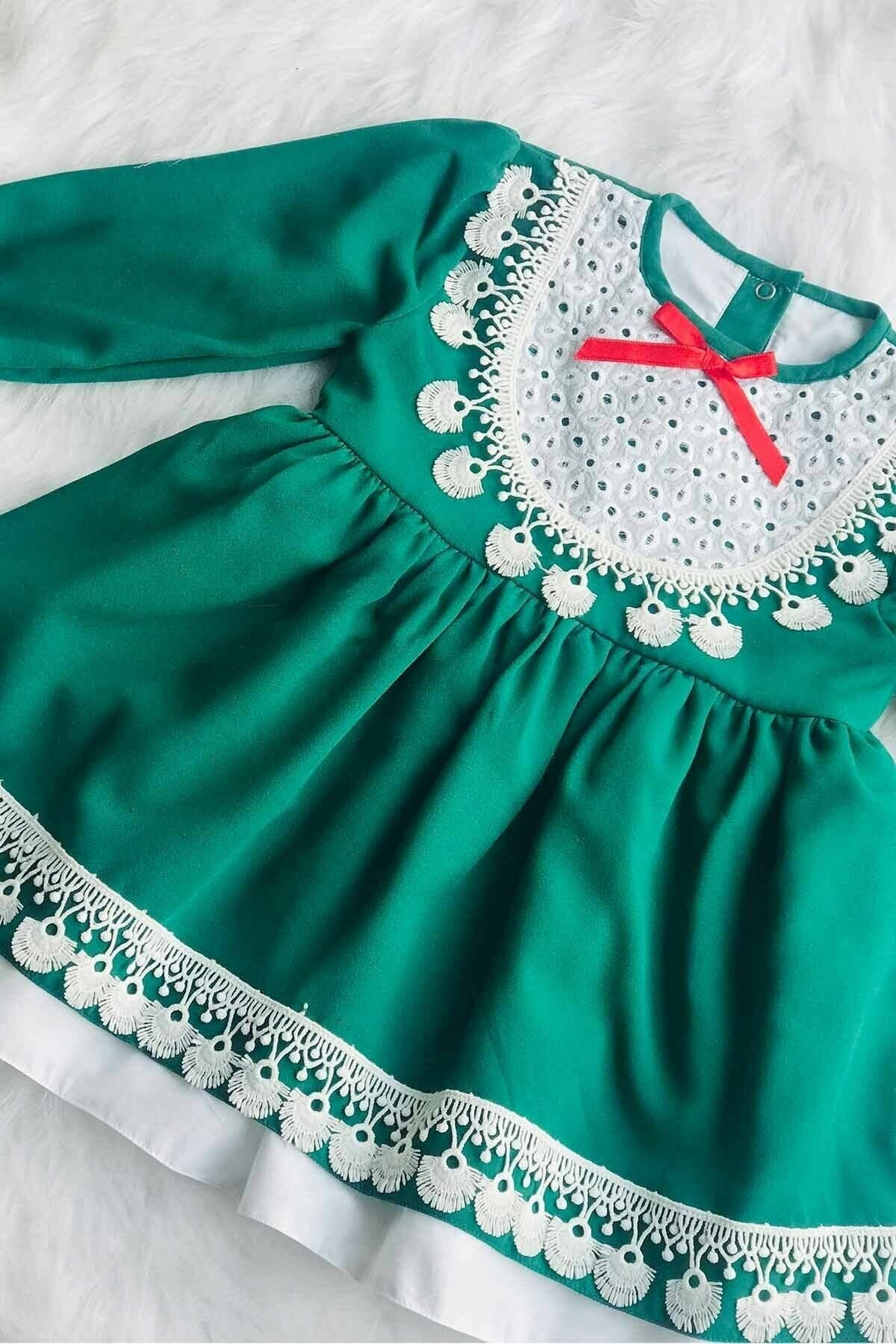 Güpür Ve Dantel Detaylı Kız Çocuk Bebek Yeşil Pamuklu Elbise