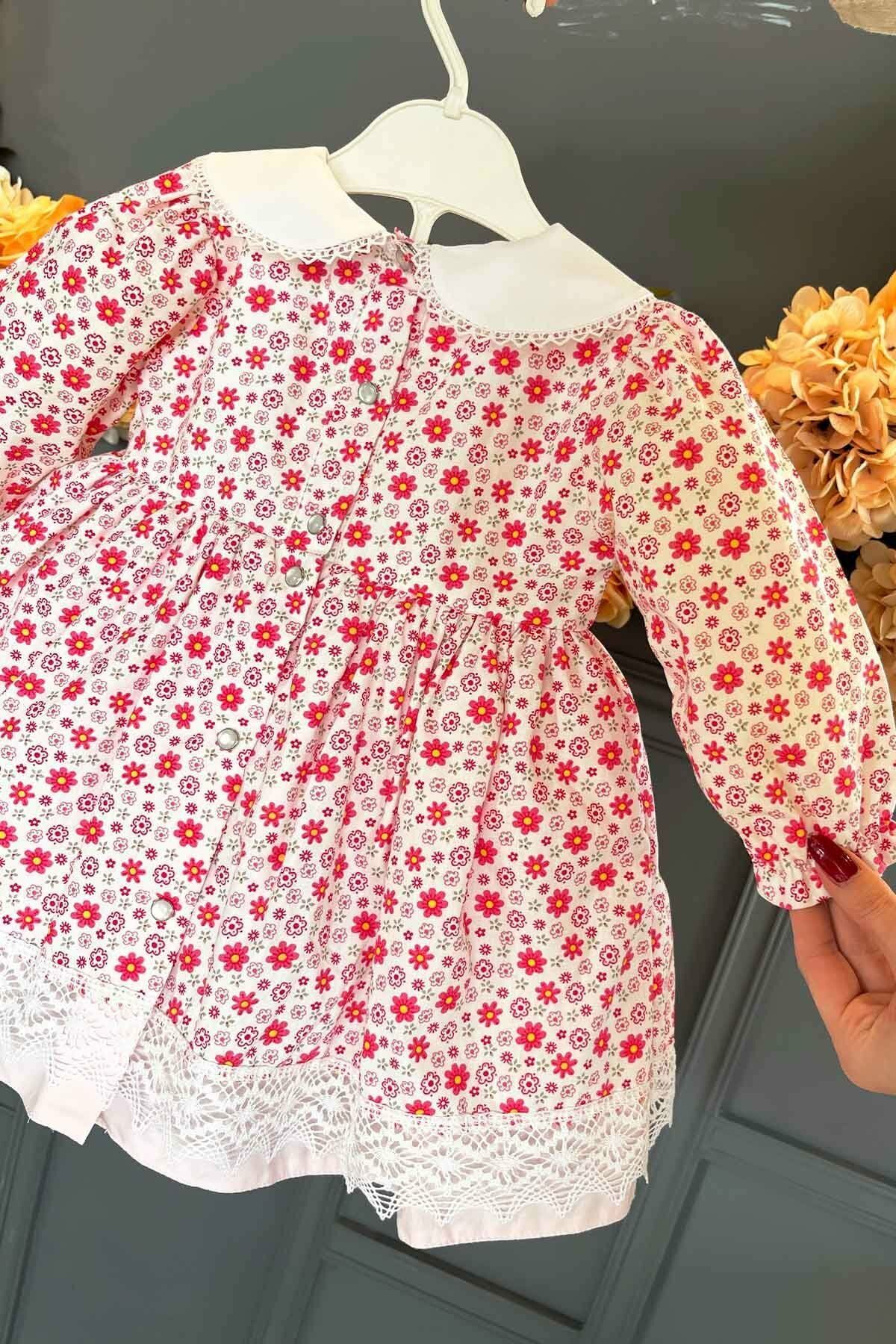 Bebe Yaka Dantel Detaylı Çiçekli Kız Çocuk Bebek Pamuklu Elbise ( 3 renk)