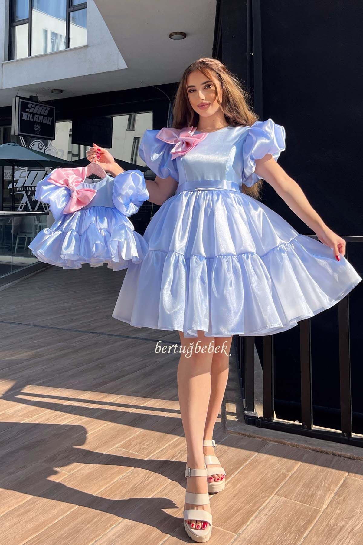 Anne Kız Bebek Çocuk Organze Kombin Abiye Elbise Mavi Pembe Takım