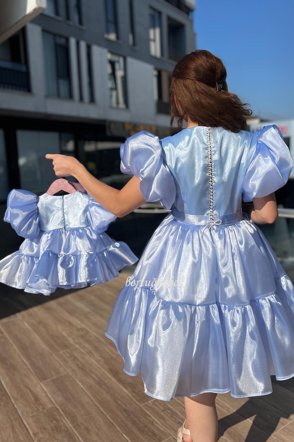 Anne Kız Bebek Çocuk Organze Kombin Abiye Elbise Mavi Pembe Takım