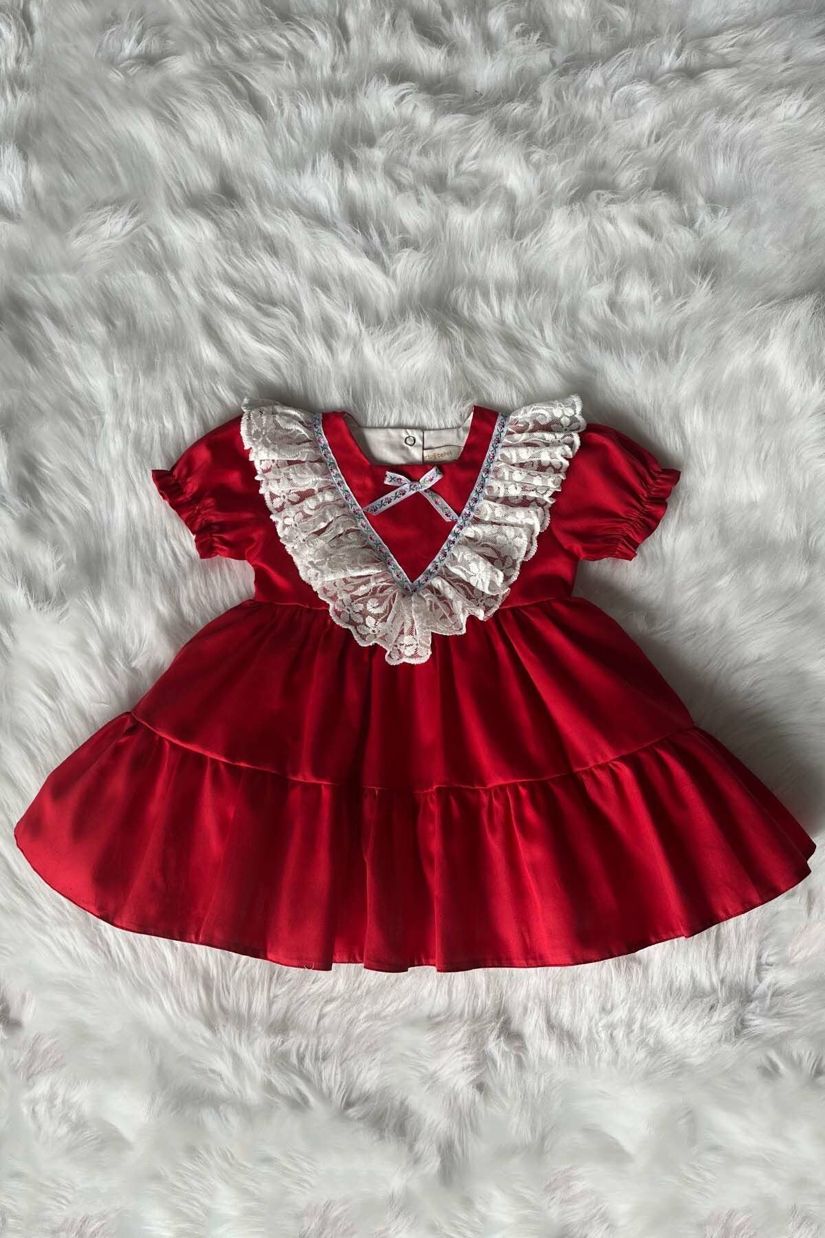 Dantelli Pamuk Saten Kırmızı Kız Çocuk Bebek Abiye Elbise