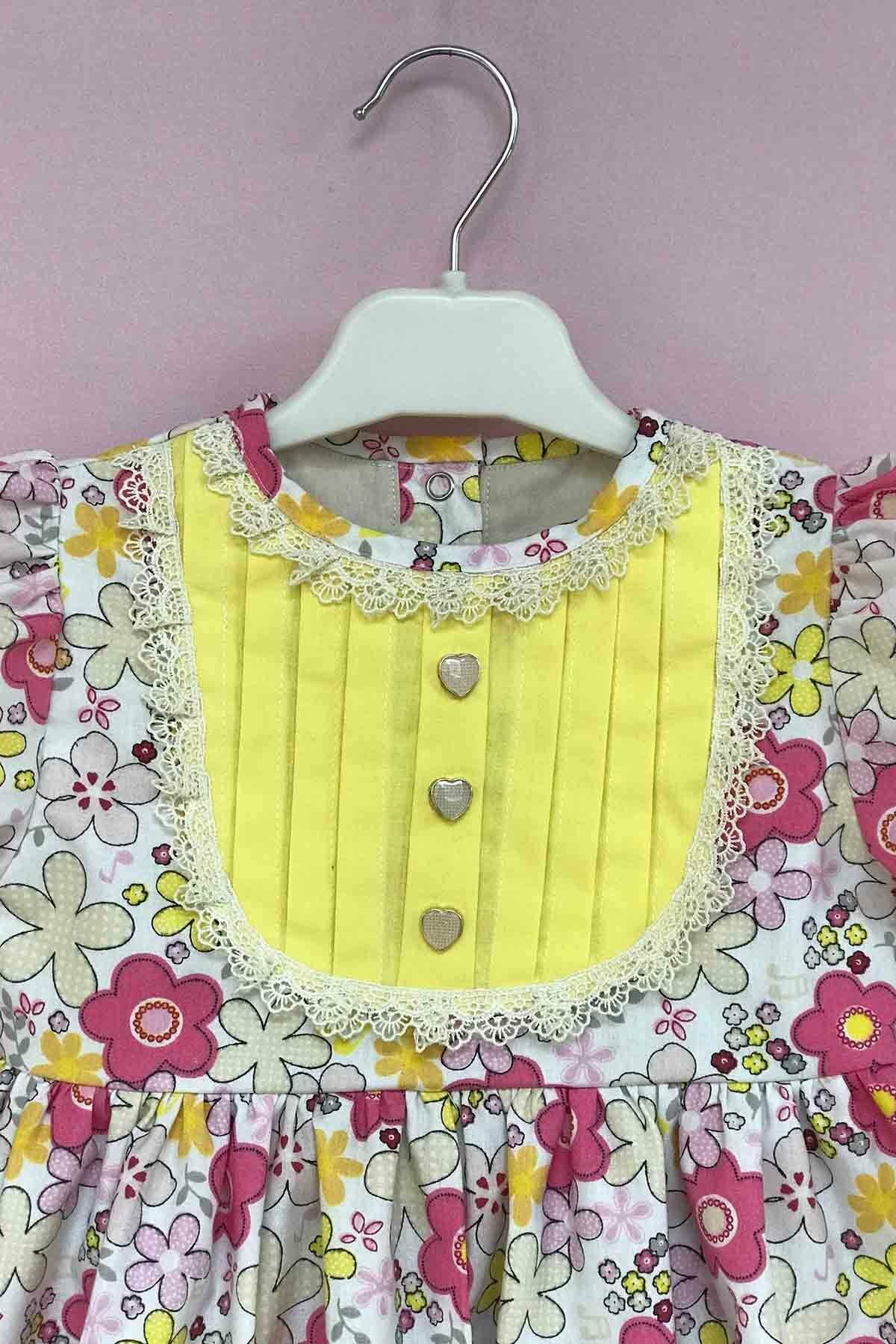 Dantelli Kız Çocuk Bebek Pamuklu Renkli Pembe Sarı Elbise