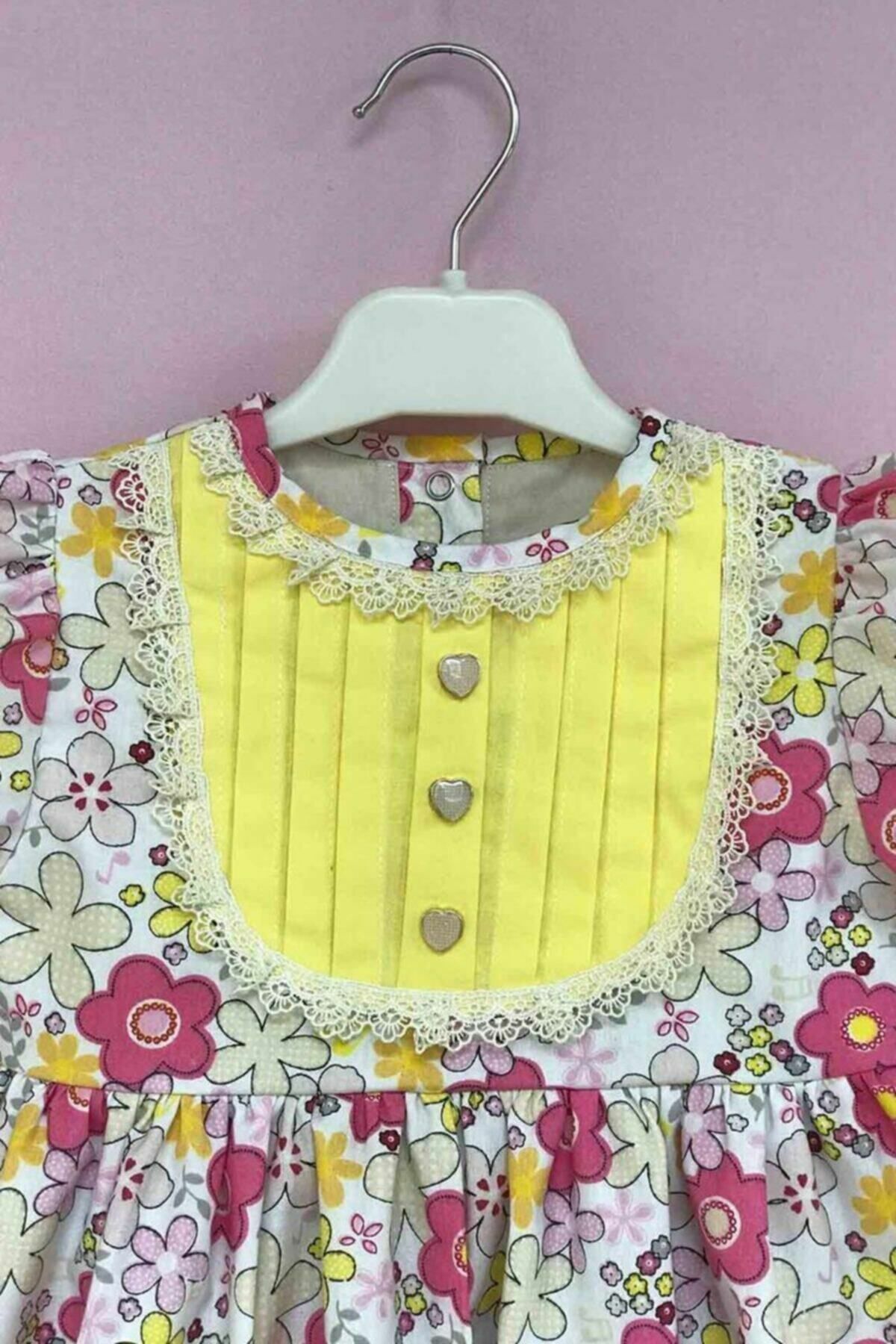 Dantelli Kız Çocuk Bebek Pamuklu Renkli Pembe Sarı Elbise