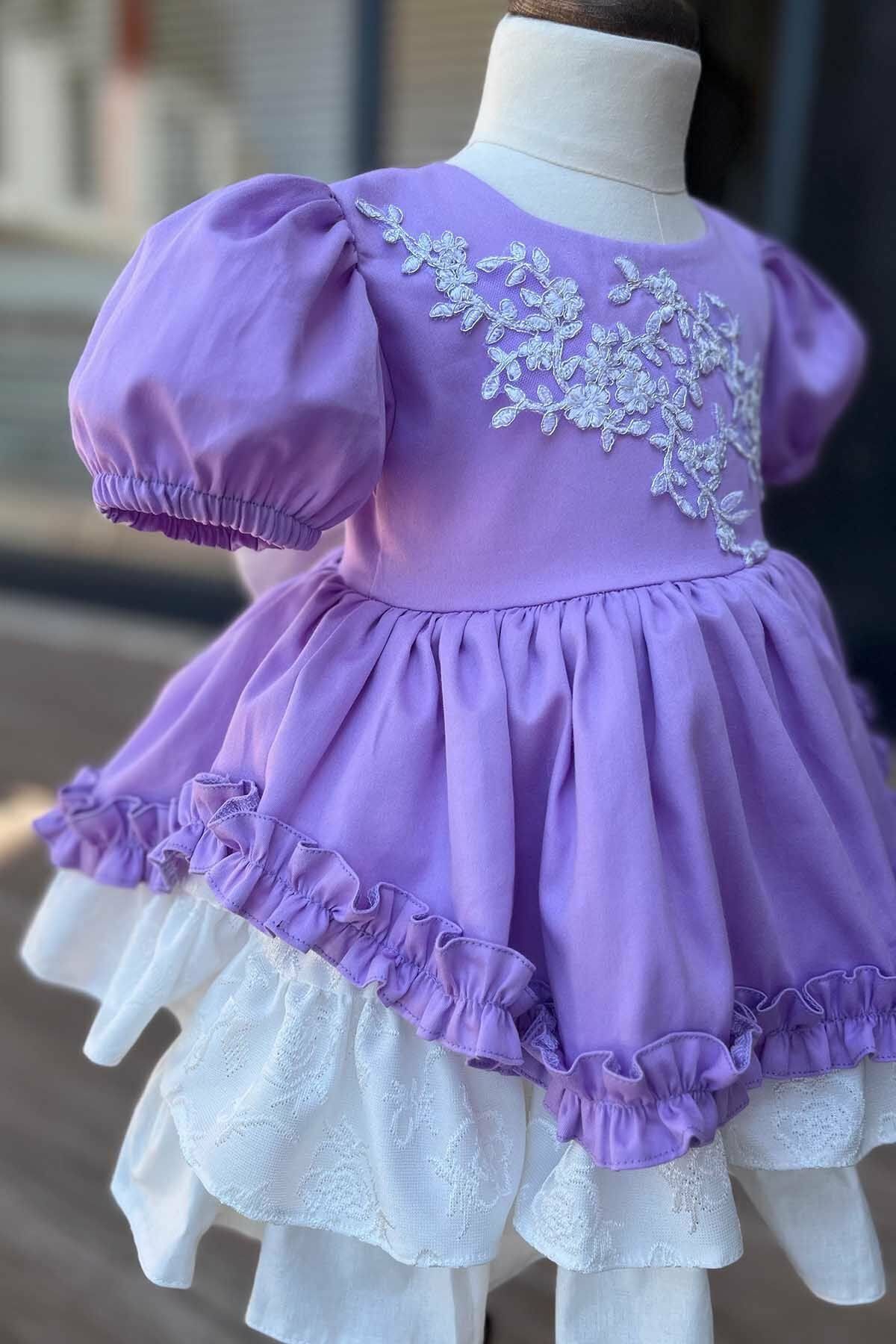 Güpür ve Fırfır Detaylı Lila Pamuk Saten Kız Çocuk Bebek Abiye Elbise