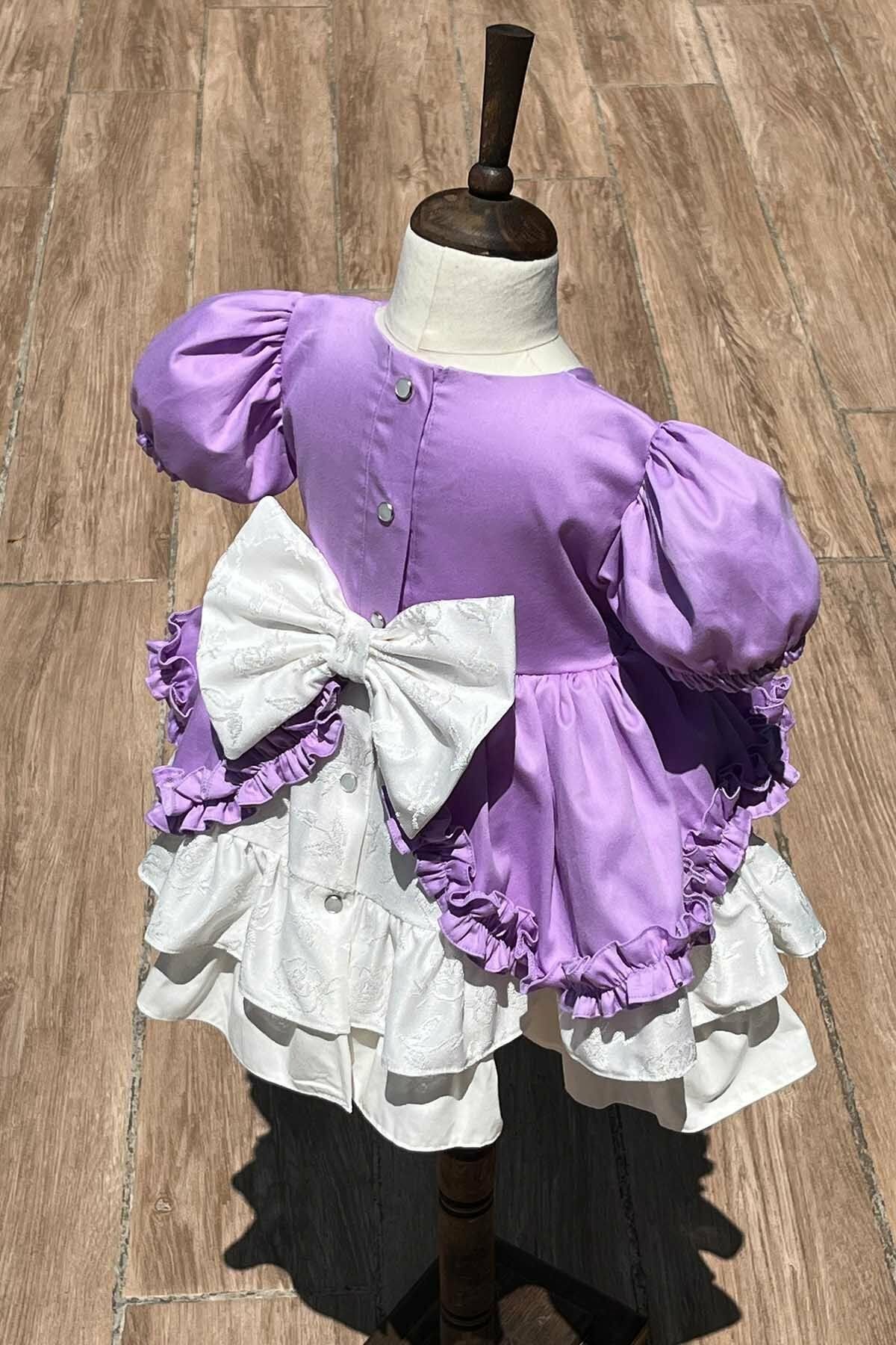 Güpür ve Fırfır Detaylı Lila Pamuk Saten Kız Çocuk Bebek Abiye Elbise