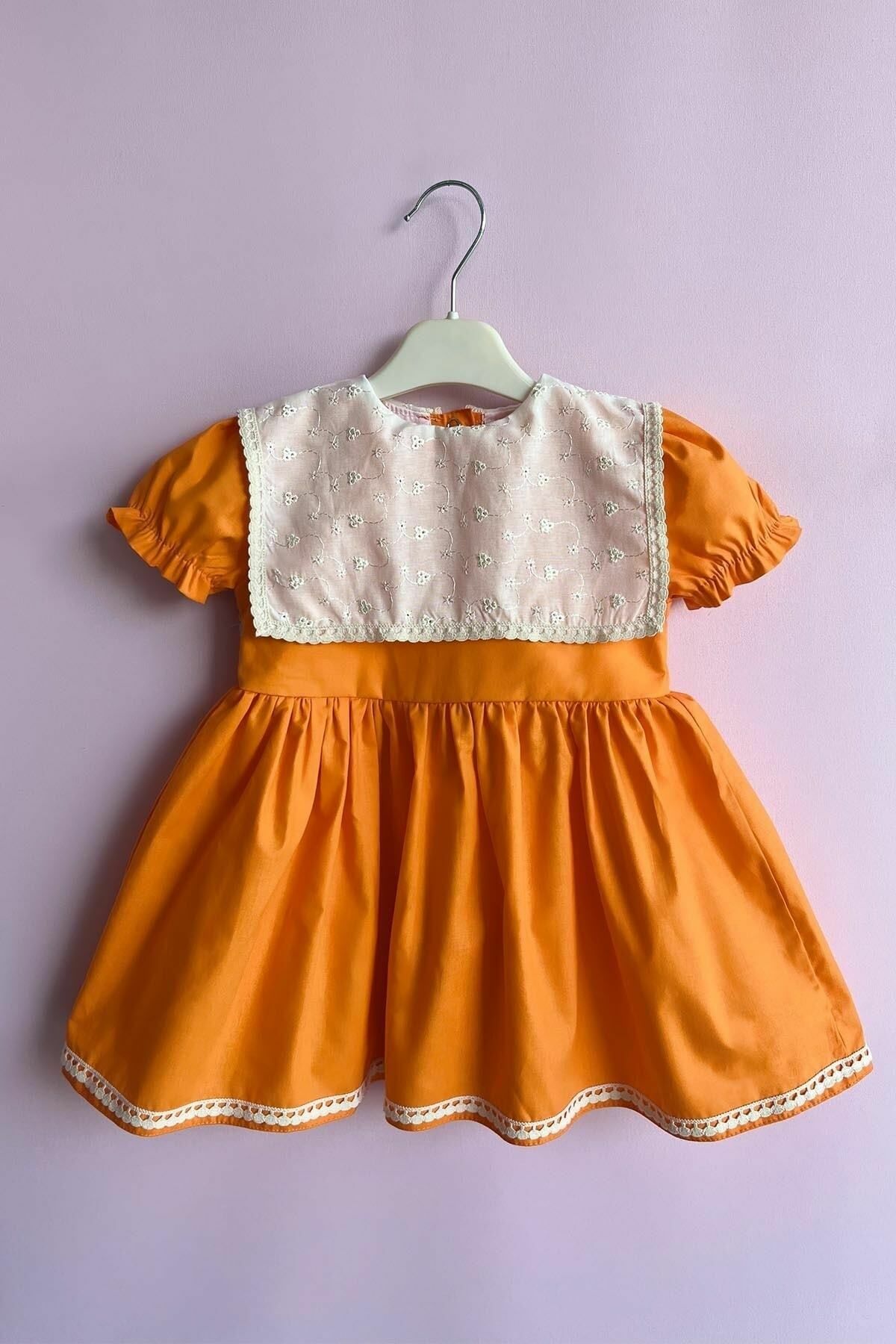 Orange Baby Girl Design Dress with Ecru Scallop Collar and Lace Detail