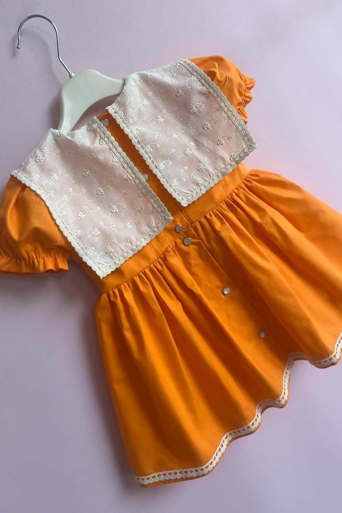Orange Baby Girl Design Dress with Ecru Scallop Collar and Lace Detail