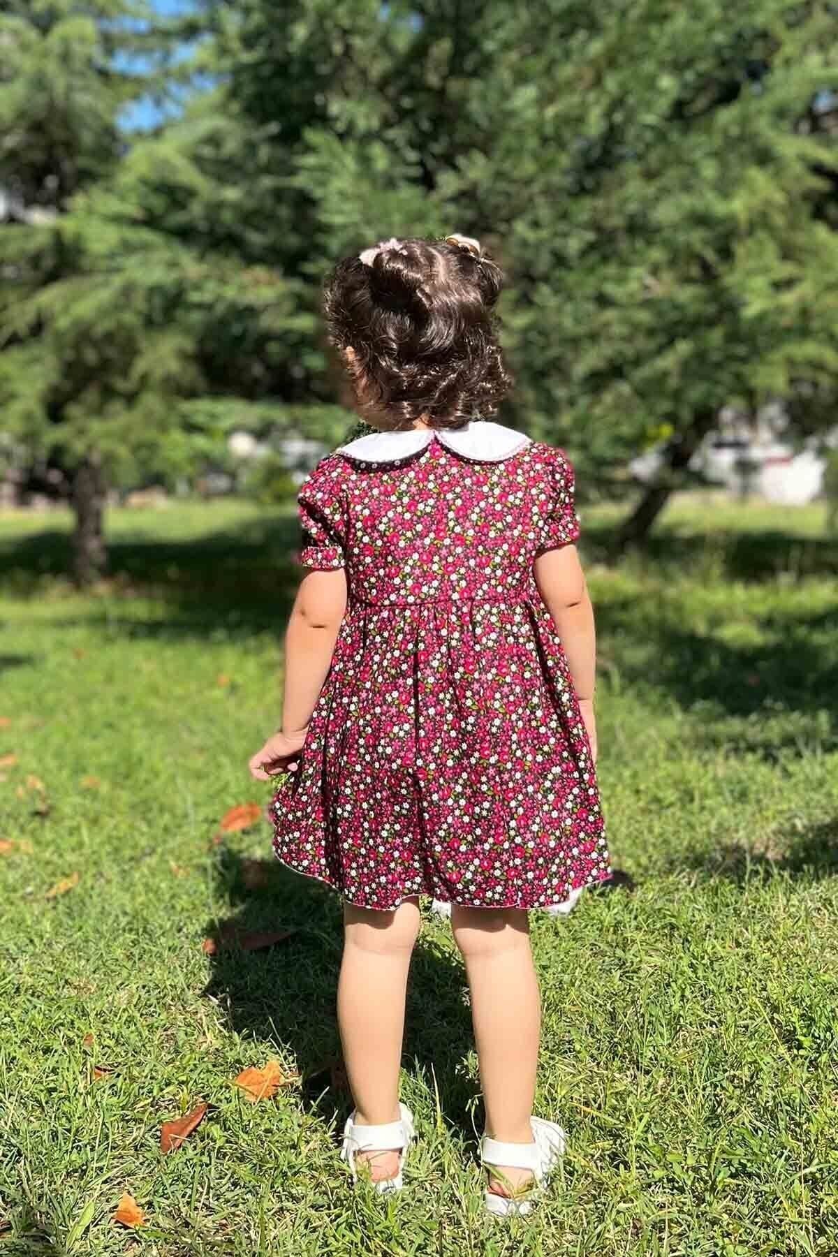 Bebe Yaka Dantel Detaylı Çiçekli Yazlık Kız Çocuk Bebek Pamuklu Elbise