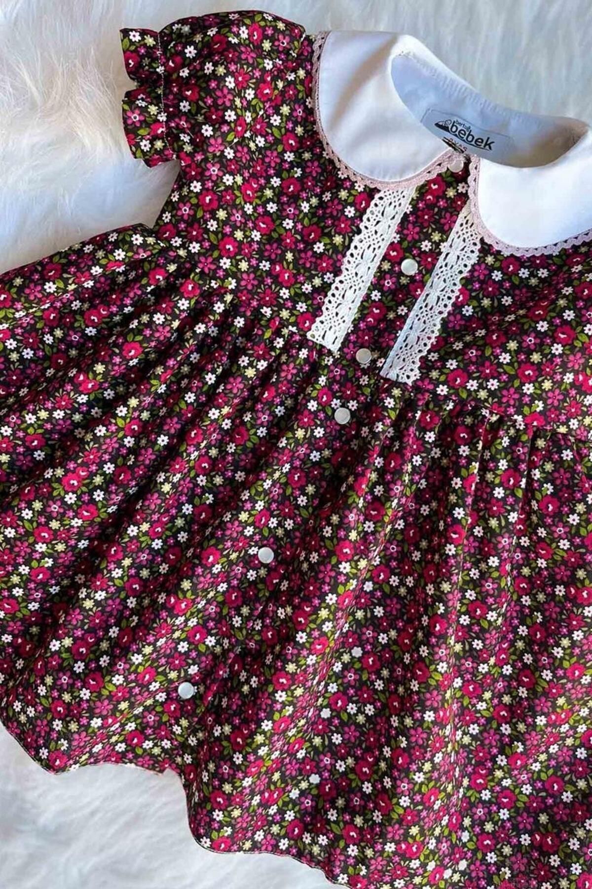 Bebe Yaka Dantel Detaylı Çiçekli Yazlık Kız Çocuk Bebek Pamuklu Elbise
