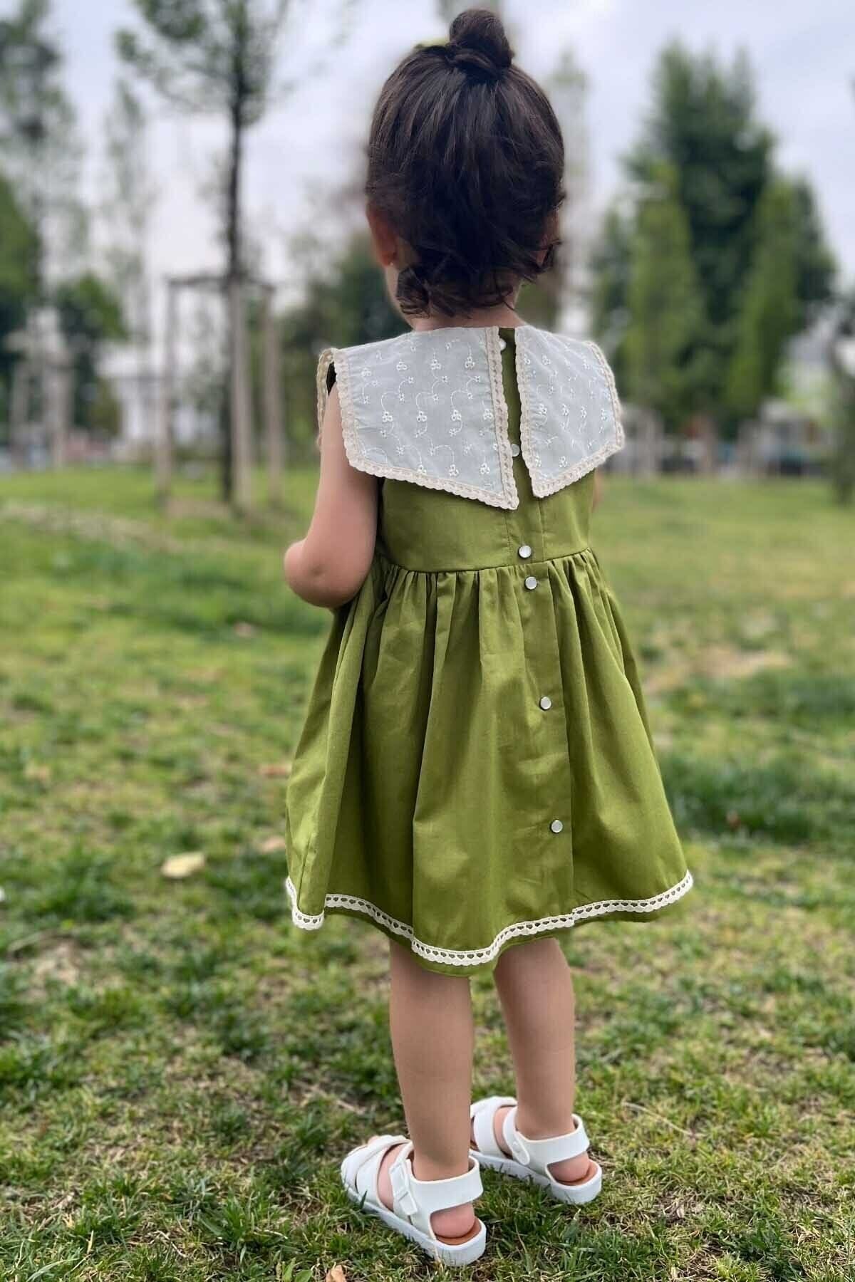 Fisto Yaka Detaylı Kolsuz Pamuklu Yeşil Kız Çocuk Bebek Elbise