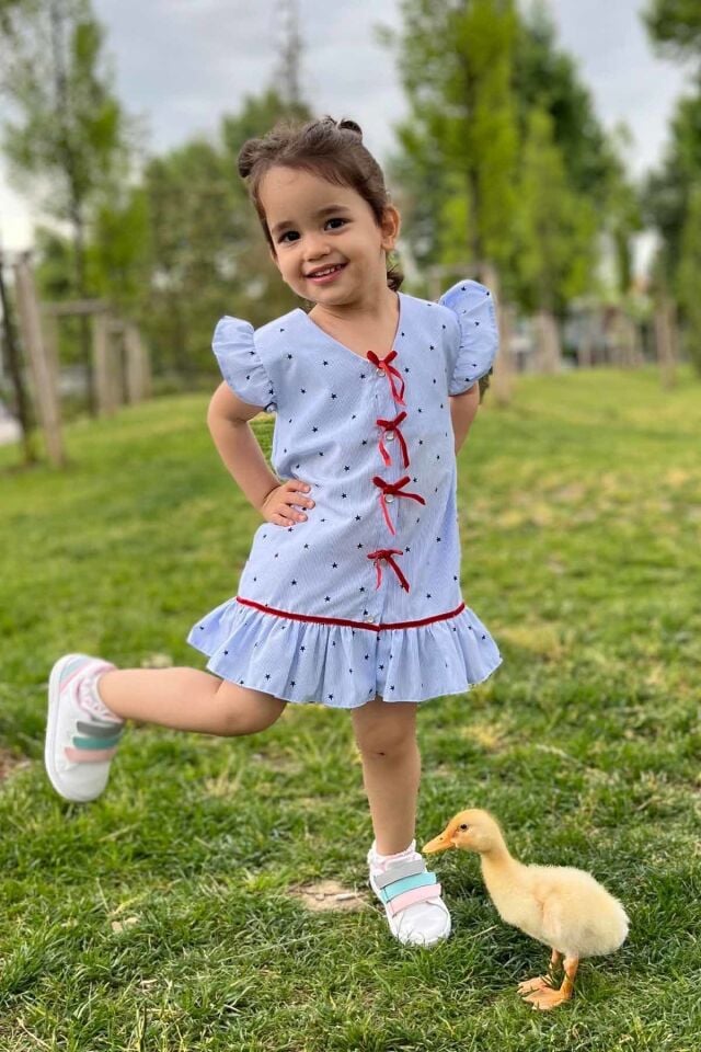 Kadife Kurdele Detaylı Kolsuz Fırfırlı Mavi Çizgili Kız Çocuk Bebek Elbise