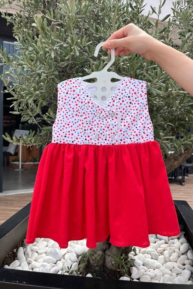 Renkli Puantiyeli Dantel Detaylı Şile Bezi Poplin Kız Çocuk Bebek Elbise