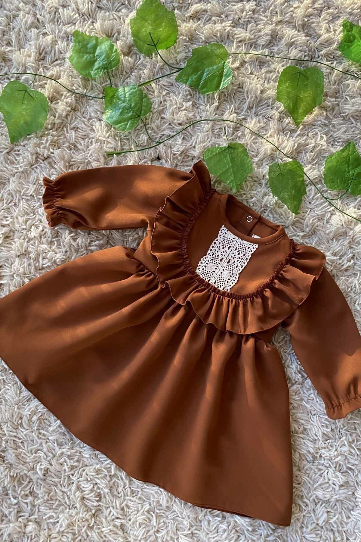 Fırfır Ve Dantel Detaylı Vintage Krep Tasarım Kız Çocuk Bebek Kahverengi Elbise