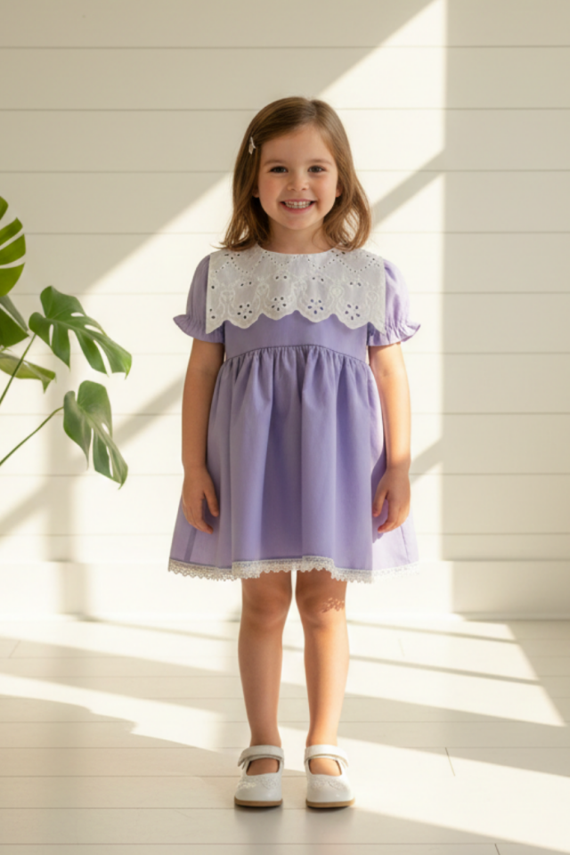 Weißes, fliederfarbenes Babykleid mit Jakobsmuschelkragen