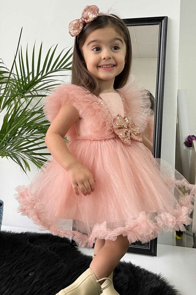 Pul Payet Süslemeli Kabarık Tül Etek Tütü Kız Çocuk Bebek Abiye Elbise