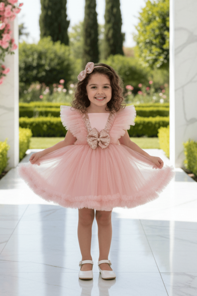 Pul Payet Süslemeli Kabarık Tül Etek Tütü Kız Çocuk Bebek Abiye Elbise