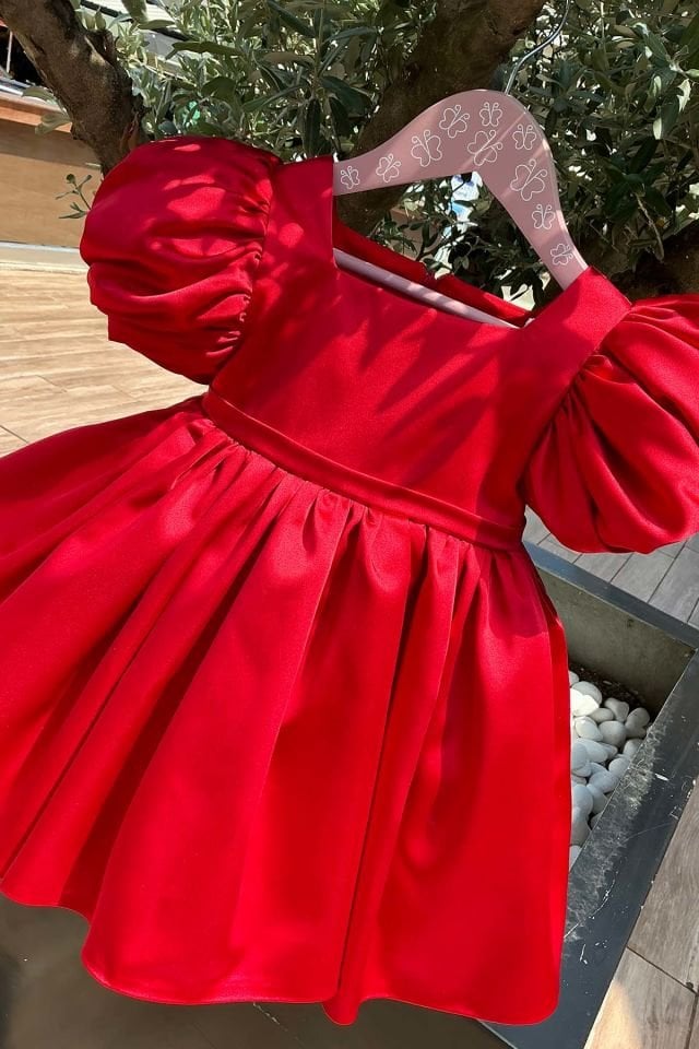Satin Red Girl Baby Balloon Sleeve Evening Puffy Dress