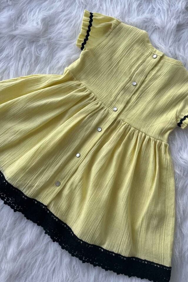 Schwarze Spitze und Wasserstein Detail Gelb Chile Tuch Baumwolle Sommerkleid