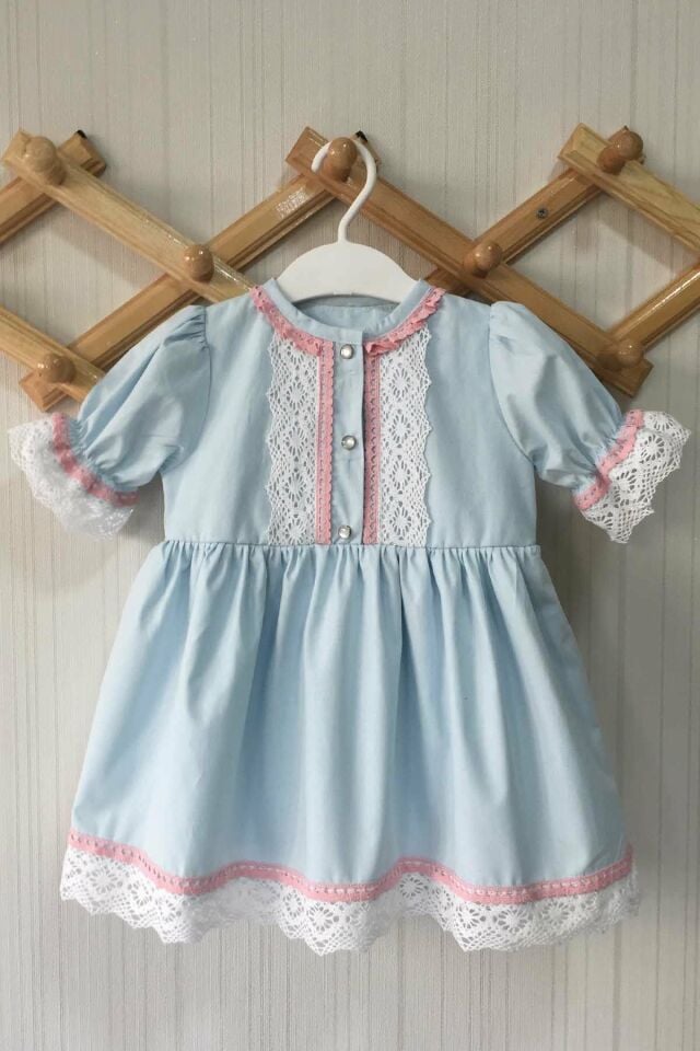 Dantel Detaylı Kısa Kol Bebe Mavi Pamuklu Kız Çocuk Bebek Elbise