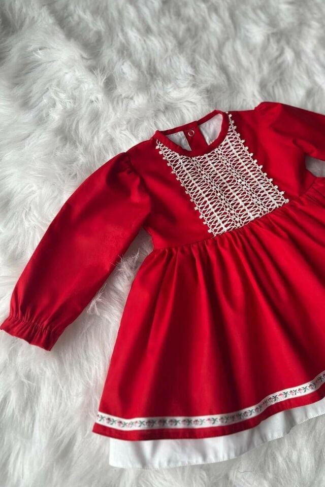 Dantel Ve Kurdele Detaylı Kırmızı Kız Çocuk Bebek Bayramlık Elbise