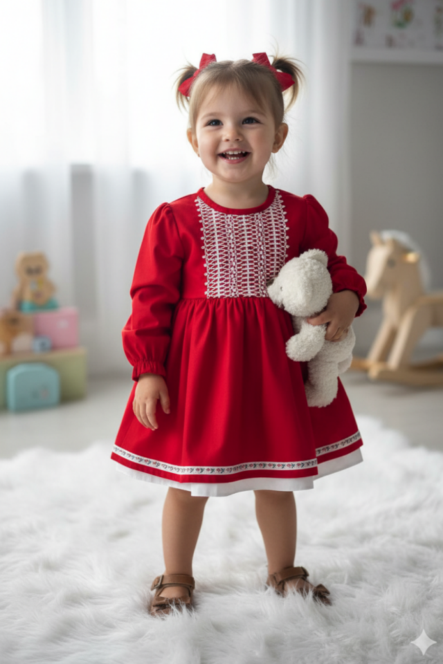 Dantel Ve Kurdele Detaylı Kırmızı Kız Çocuk Bebek Bayramlık Elbise