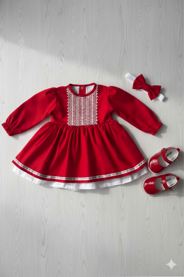 Rotes Festtagskleid für Mädchen mit Spitze und Schleife