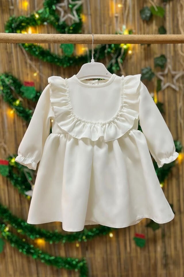 Vintage Crepe Design Girl Baby Off White Mawlid Birthday Dress with Ruffle Detail