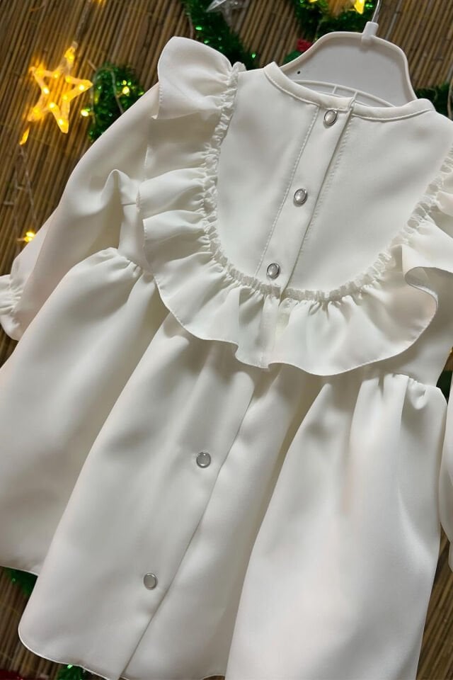 Vintage Crepe Design Girl Baby Off White Mawlid Birthday Dress with Ruffle Detail