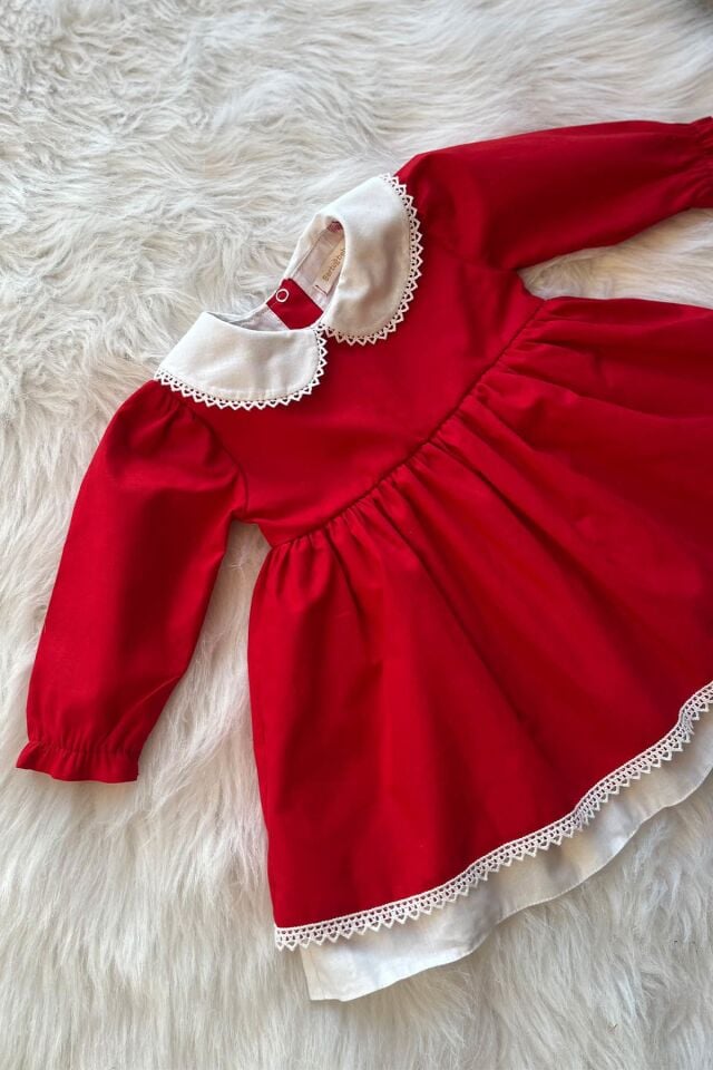 Lace Detailed Baby Collar Girl Baby Cotton Red White Dress Red - 7 years old