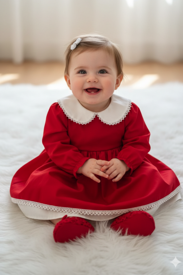 Dantel Detaylı Bebe Yaka Kız Çocuk Bebek Pamuklu Kırmızı Beyaz Elbise