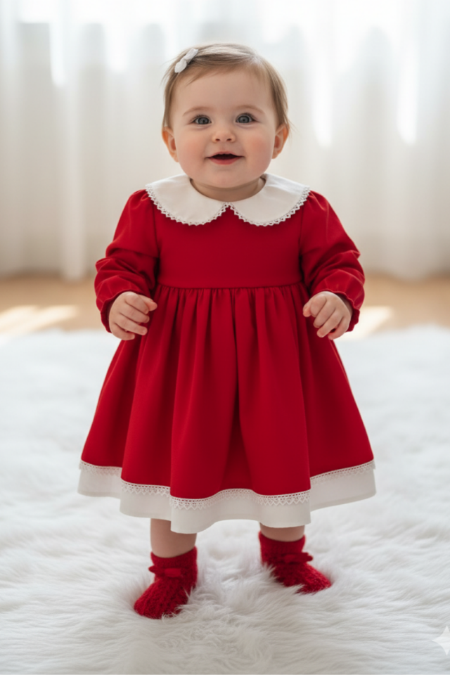 Dantel Detaylı Bebe Yaka Kız Çocuk Bebek Pamuklu Kırmızı Beyaz Elbise