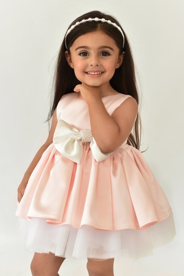 Saten İnci Süslemeli Kız Çocuk Bebek Abiye Pudra Pembe Ahu Elbise