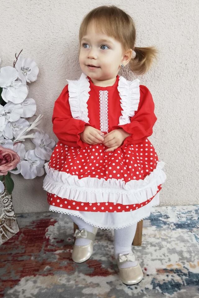 Dantel Ve Fırfır Detaylı Puantiyeli Kırmızı Beyaz Kız Çocuk Bebek Elbise