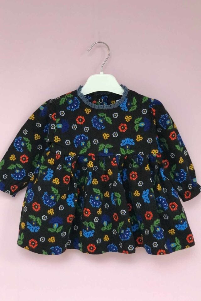 Spitzenkragen Blumenmuster Schwarz Flanell Baby Mädchen Kleid