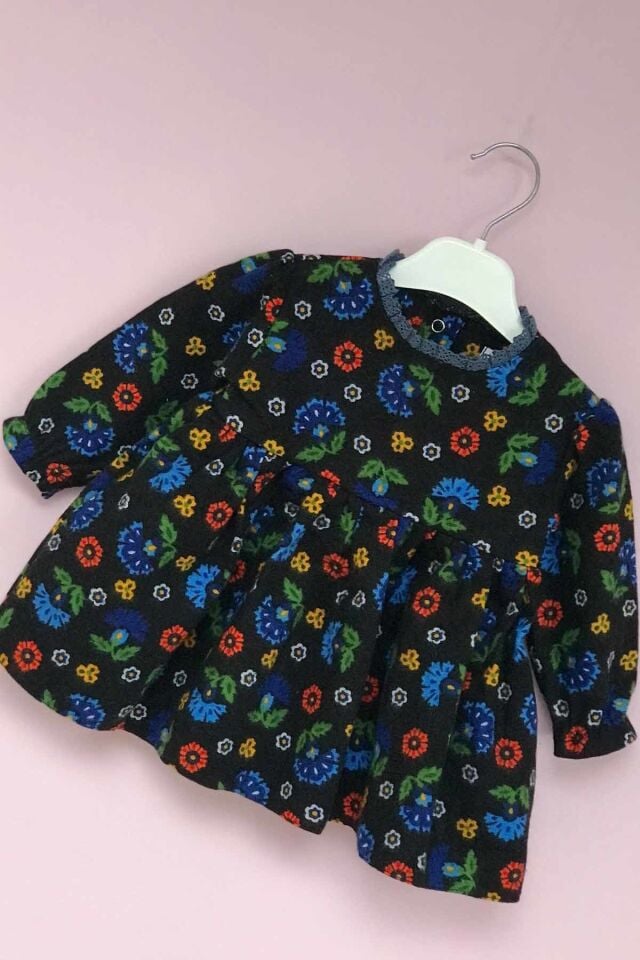 Spitzenkragen Blumenmuster Schwarz Flanell Baby Mädchen Kleid