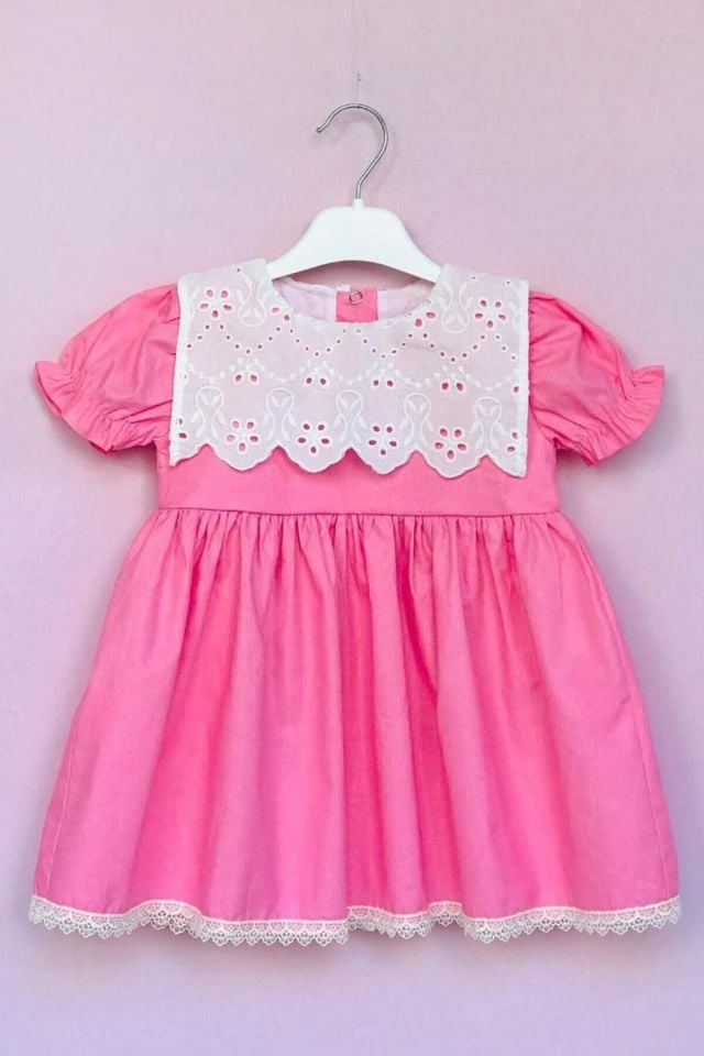 Beyaz Fisto Yakalı Pembe Kız Çocuk Bebek Elbise