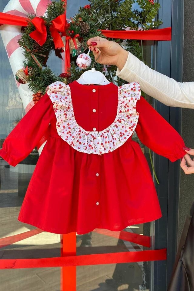 Çiçekli Fırfır ve Kurdele Detaylı Cici Kız Çocuk Bebek Bayram Doğum Günü Kırmızı Elbise