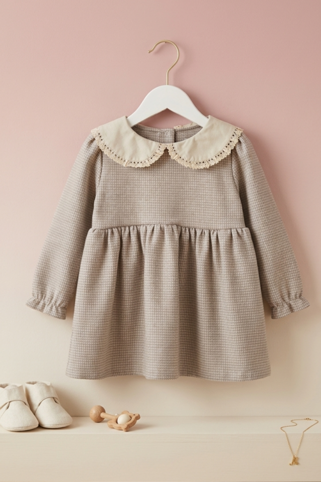 Bebe Yaka Kız Çocuk Bebek Triko Gri Krem Kışlık Elbise