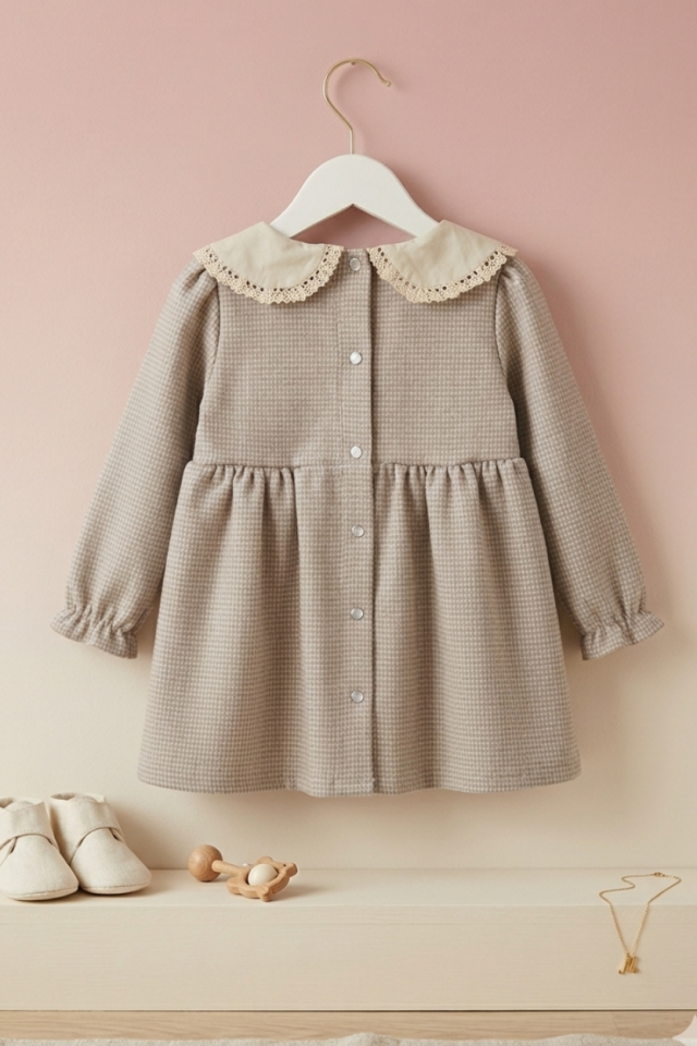 Bebe Yaka Kız Çocuk Bebek Triko Gri Krem Kışlık Elbise