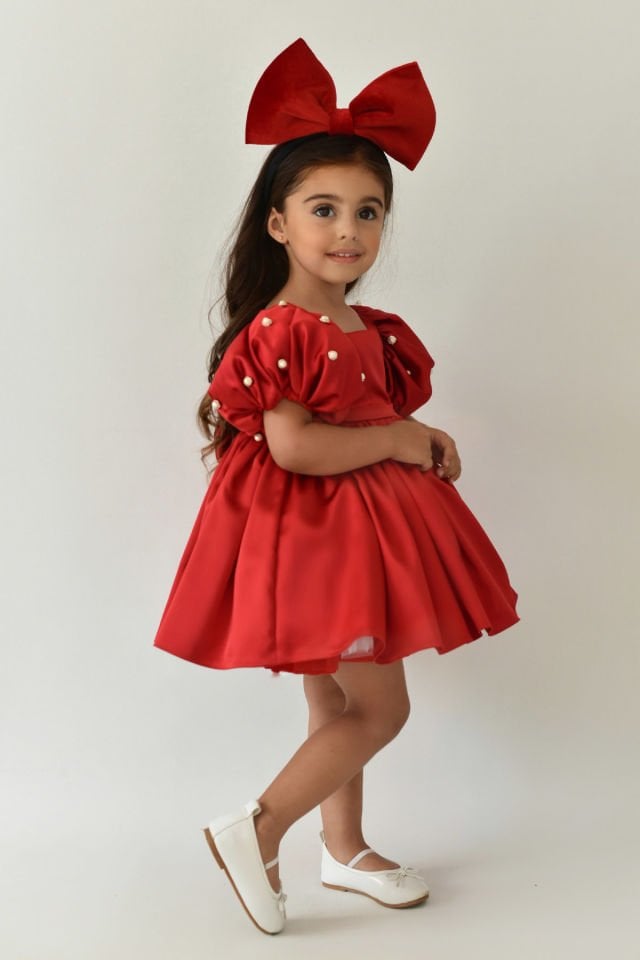 Satin Baby Mädchen Rotes Abendkleid mit Ballonärmeln und Perlen