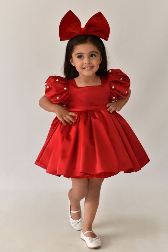 Satin Baby Mädchen Rotes Abendkleid mit Ballonärmeln und Perlen