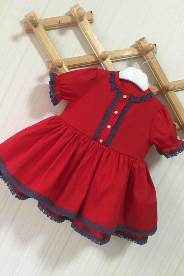 Mavi Dantel Detaylı Kırmızı Kız Çocuk Bebek Poplin Elbise