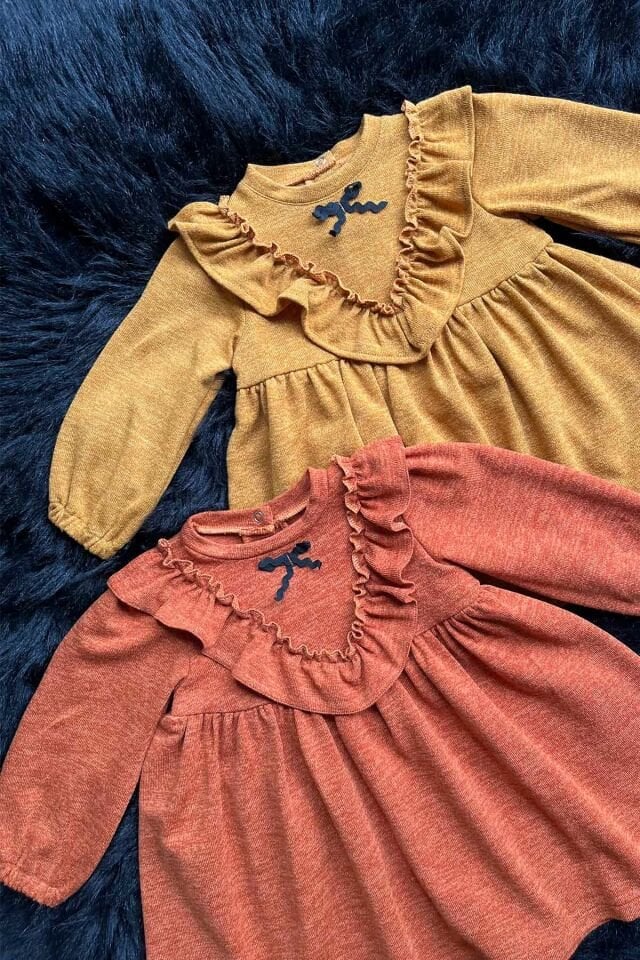 Ruffle Detailed Knitwear Girl Baby Dress Mustard Coffee Cinnamon - 0-3 Months