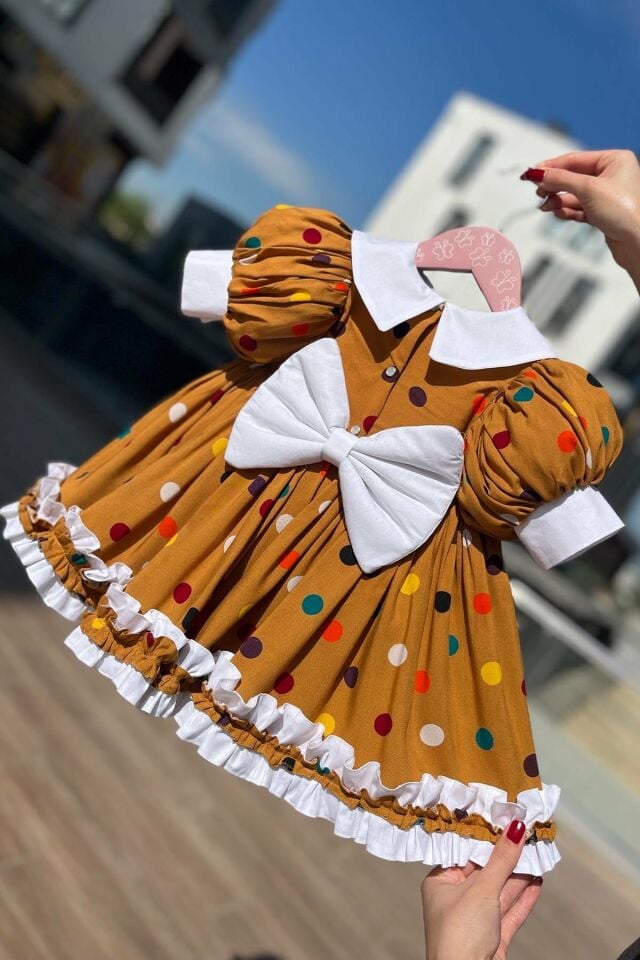 Cookie Girl Baby Cotton Dress with Ruffle Skirt and Brooch Detail